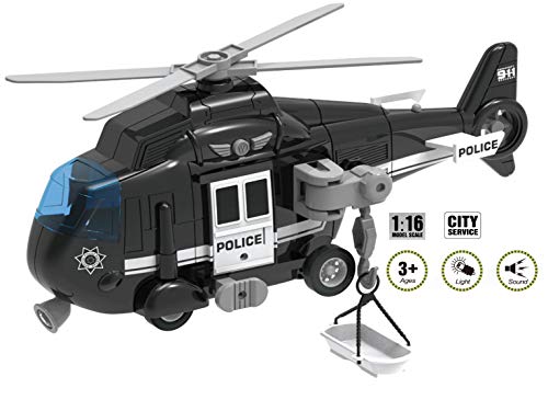 City Service Police Helicopter Toy for Kids with Lights and Sounds - Friction Powered Toy Planes - Rescue Side Basket Crane - Patrol, Rescue and Pursuit Play Chopper for Your Little Boys and Girls
