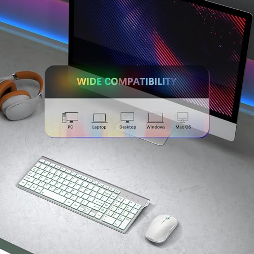 JOYACCESS Teclado y Mouse Inalámbrico Recargable Retroiluminación Blanco | RGB 7 Opciones 2.4G Inglés QWERTY