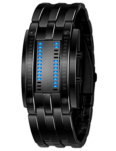 Fashion Mens Binary Sports Watch Digital LED Matrix Waterproof Outdoor Casual Black Bracelet Square Blue Backlit Watches