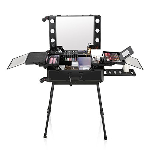 Ovonni LED Makeup Train Case, Lighted Rolling Travel Portable Cosmetic Organizer Box with Mirror & 4 Detachable Wheels, Professional Artist Trolley Studio Free Standing Workstation, Black - Thumbnail 7