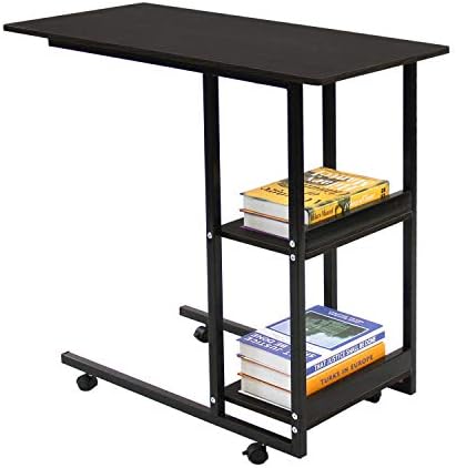 DL furniture Movable Office Desk with Wheels Two Shelves Wood Sofa Side Table Slide Under Console Table with Storage for Entryway Hallway | Black