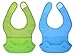 Waterproof Silicone Baby Bibs with Comfortable Fabric Neck, Easi-roll Feeding Bib with Food Catcher Pocket, 2 Pack, Blue/Green, Homwe