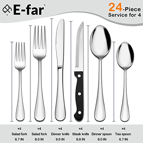E-far Flatware Set of 24, Stainless Steel Silverware Cutlery Set for 4, Dinner Eating Utensils Include Soup Spoons Salad Forks Steaks Knives, Simple Design & Mirror Finish, Dishwasher Safe