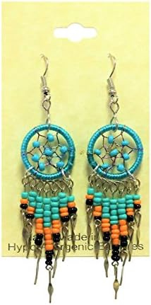 Peruvian Earrings - Dream Catchers Dangle Tear Drop Hand Crafted (2 1/8" x 3/4") (Turquoise)