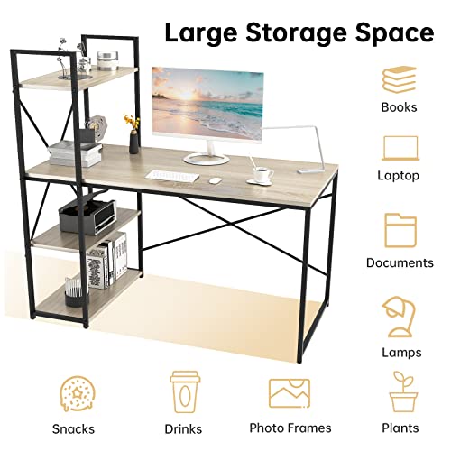 SMAGREHO Computer Desk with 4 Tier Shelves, Reversible Writing Study Table with Bookshelves, Modern Simple Compact Home Office Workstation, Oak