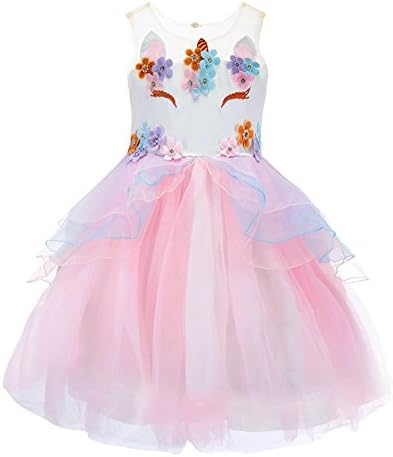 Flower Girl Rainbow Unicorn Tulle Dresses with 3D Embroidery Beading Birthday Party Ball Gowns (Pink, 120(5-6Y))