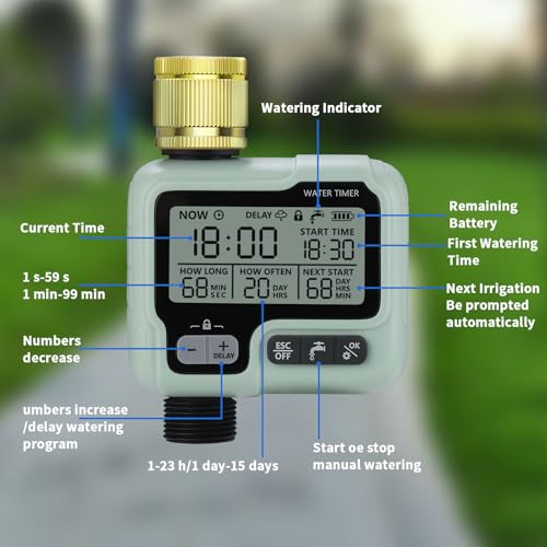 Johgee Watering Computer with Brass Inlet, Garden Watering Timer with Rain Delay, Automatic/Manual Watering Control Programmable