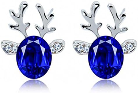 SetMei Crystal Gemstone Earrings Luxury Three Dimensional Christmas Reindeer Earing (Blue)