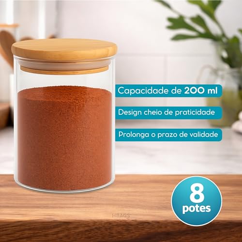 Kit 08 Potes Herméticos de Mantimentos 200ml Pote Redondo de Vidro com Tampa De Bambu Premium