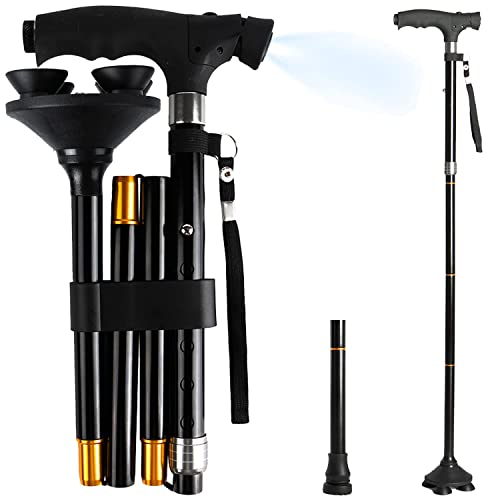 Canes for Men CLOKTA,Walking Cane for Women with LED Light,Pivoting Quad Base,Lightweight and Adjustable Foldable Cane,Quad Cane&Canes for Seniors