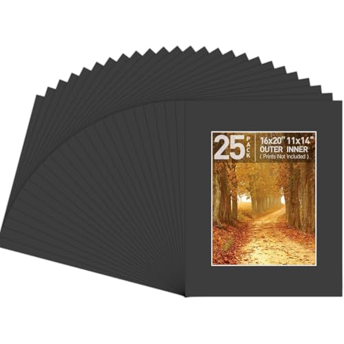 Golden State Art, Pack of 25, Acid-Free 16x20 Black Pre-Cut Picture Mats for 11x14 Photos with White Core Bevel Cut Frame Mattes