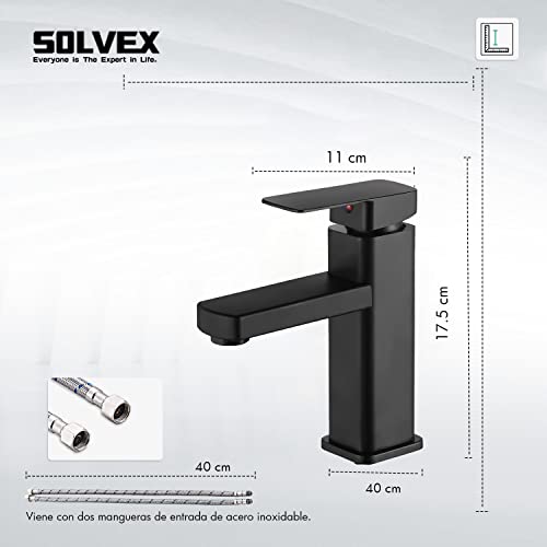 SOLVEX Mezcladora para Lavabo de Baño, Llave Monomando para Lavabo, Grifo para Lavabo de Baño, Llaves para Lavabo de baño Acero Inoxidable, con Líneas de Suministro, Acabado Negro, SP-10041-N