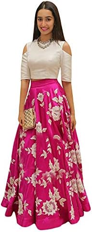 Dwarkesh Fashion Women's Taffeta Silk Embroidered Unstitched Lehenga Choli- (Pink and White, Free Size)