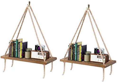 Wall Hanging Shelf Normei Wood Hanging Shelf Rope Hanging Wall Shelf Bathroom Decor Kitchen (Set of 2)