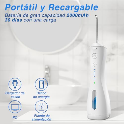 Irrigador Bucal, Limpieza Dental Portatil,6 Modos de Limpieza y 4 Puntas,Resistente al Agua IPX7,250ml Irrigador Oral Inalámbrico Portátil,Hilo Dental de Agua sin Cable para el Hogar, Viajes, Ducha