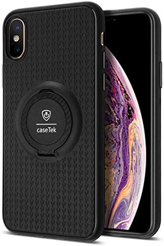 CaseTek iPhone XS Black Case, Drop Proof Silicone Case with Ring Holder Stand and Screen Protector for iPhone XS and iPhone X Cover - Black