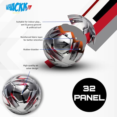 WHACKK Kempes Football Size 5 Silver Red | Hand-Stitched CTPU Match & Training Football | Durable All-Weather Ball for Grass, Turf & Street Play 3