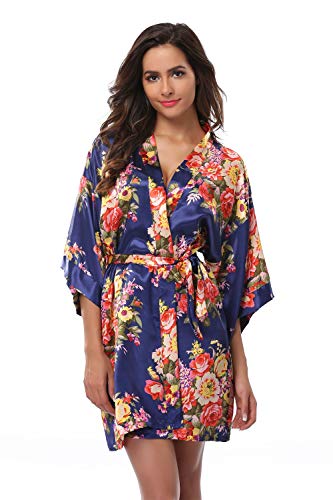 Women's Bridesmaid Robe Short Floral Wedding Kimono Robe Satin Floral Kimono Bathrobe for Bridal Wedding Party Navy M