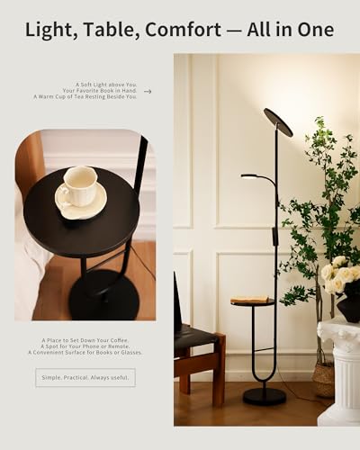 Stehlampe mit Tisch, 36W+7W LED Stehlampe dimmbar 3200LM+600LM Moderne Stehleuchte Wohnzimmer & Deckenfluter mit Fernbedienung, 2700K-6500K Schwarz