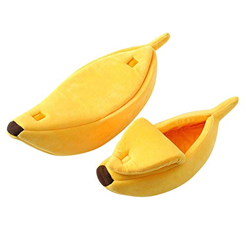 OOEOO Pet Bed, Small Pet Cats Banana Shape Warm Soft Plush Breathable Bed,Banana Cat Nest (M)