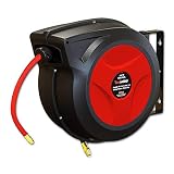 REELWORKS Air-Hose-Reel Retractable 3/8" Inch x 50' Feet Premium Commercial Red Flex Hybrid Water Compressor Polymer Hose Max 300 PSI Heavy Duty Polypropylene Construction Industrial Spring Drive