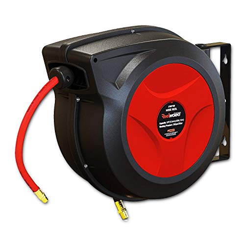 REELWORKS Air-Hose-Reel Retractable 3/8" Inch x 50' Feet Premium Commercial Red Flex Hybrid Water Compressor Polymer Hose Max 300 PSI Heavy Duty Polypropylene Construction Industrial Spring Drive