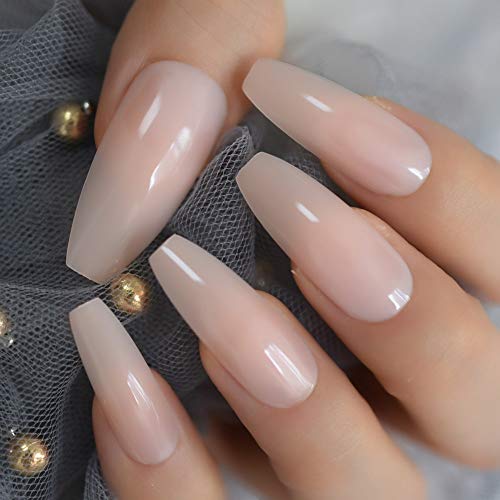 Nude Extra Long Fake Nails Coffin Full Cover Glossy False Nail Long Ballerina Nails with Glue Sticker - Thumbnail 6