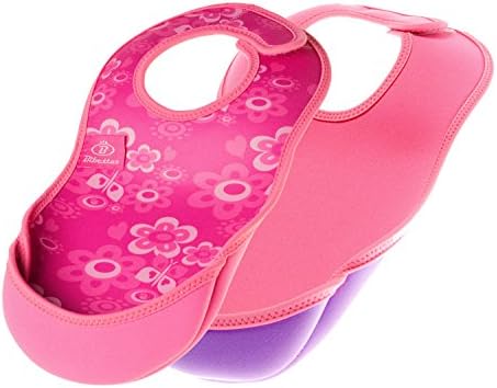 Weaning Baby bib Pack - 2 x Bibetta Ultrabib Baby Feeding Bibs with Crumb Catcher Pocket for Babies and Toddlers Roll up Neoprene Washable (Butterfly))