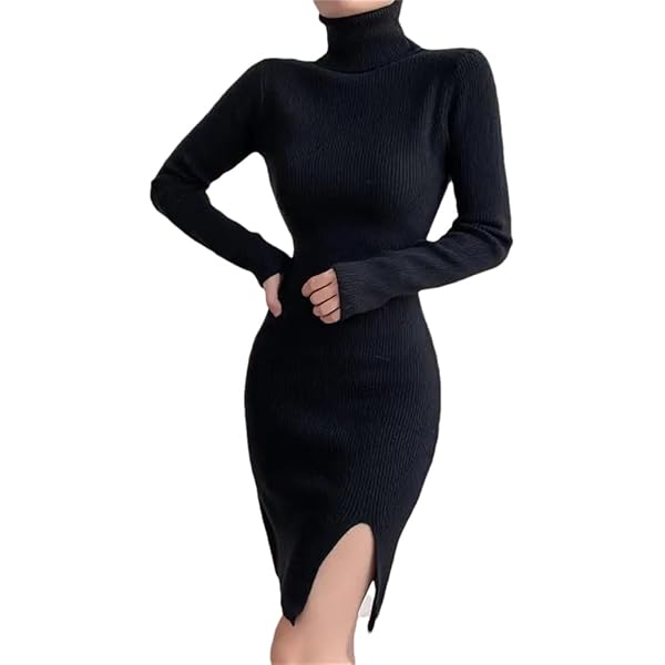 Women Sweater Dress High Neck Ribbed Knit Sweater Dress Black at Amazon  Women's Clothing store