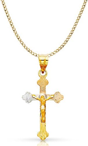 Ioka Jewelry - 14K Tri Color Gold Diamond Cut Crucifix Jesus Cross Stamp Religious Charm Pendant with 2.3mm Hollow Cuban Chain Necklace - 18"
