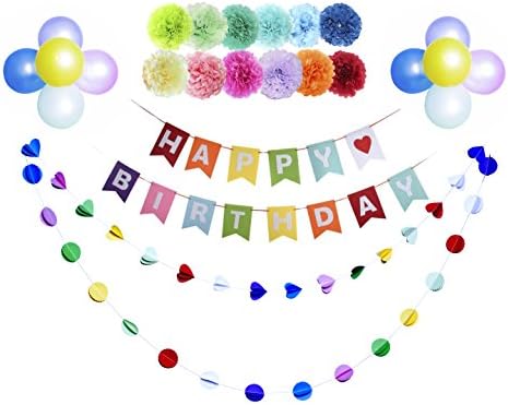 YIRANFANTASY Birthday Party Decoration Pack, Happy Birthday Banner with 12 Tissue Paper Pom Poms 2 Colorful Paper Circle Garland and 10 Pcs Party Balloons, Party Supplies( Multicolor)
