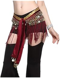 Belly Dance Hip Scarf - Tribal Coins Wave Shape Hip Skirt Belly Dancing Belt Tassel Fringe Shawl Wraps Belts for Women/Girls(RedGold)