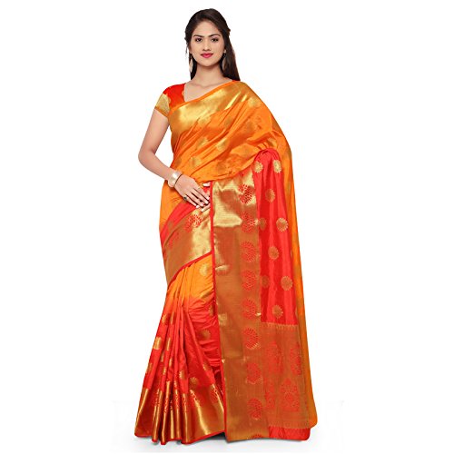 Janasya Women's Half Orange and Half Red Kanchipuram Art Silk Saree - JNE1663-SR-ND1038ORRD