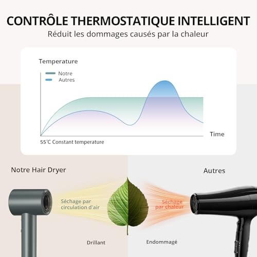 Ionic Hair Dryer, 180,000 RPM Professional Hair Dryer – Drying 5X Faster, Light & Compact, 4 Temperature, Overheating Protection and Low Noise (Grey)