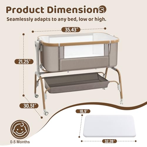 Baby Bassinet, Rocking Bedside Sleeper, Detachable & Portable Bassinet with 8-Level Height, Breathable Mesh, Storage Basket & Rotating Mobile Toy for Newborns Infant(Khaki)