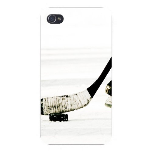 Apple Iphone Custom Case 4 4s Plastic Snap on - Hockey Stick Taped w/ Puck on Ice