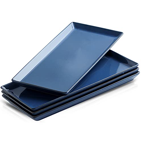KOOV Ceramic Serving Tray, 14 Inches Large Serving Platter, Rectangular Serving Tray, Porcelain Serving Plates, Ceramic Serving Dishes for Dinner, Party, Sushi, Dessert, Food, Set of 4 (Stone Blue)
