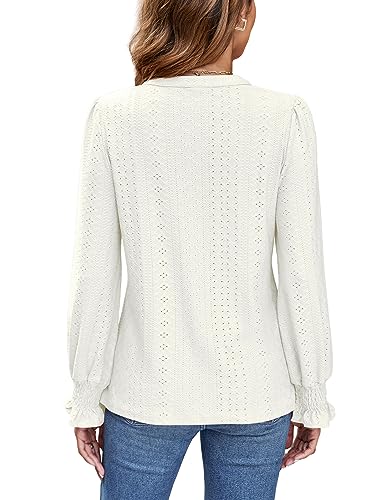 AMORETU WOMENS LACE T SHIRTS CASUAL V NECK TOPS PUFF LONG SLEEVE SHIRTS BLOUSE, WHITE S