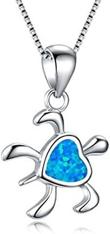 Fortonatori Created Blue Opal Necklace Turtle Cute Heart 925 Silver Pendant Necklace 18" Chain