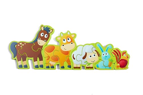 Hape Numbers & Farm Animal Puzzle Double-Sided Wooden Jigsaw Game for Kids 10-Piece, Multi-Coloured