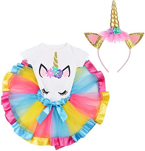 LYLKD Little Girls Unicorn Outfit Dress,Layered Rainbow Tutu Skirt,Unicorn T-Shirt and Unicorn Horn Headband.