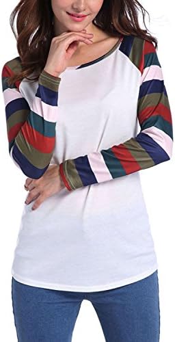 Ebizza Women's Round Neck Color Block Tops Long Sleeve Stripe T-shirts Blouses Size Large Green