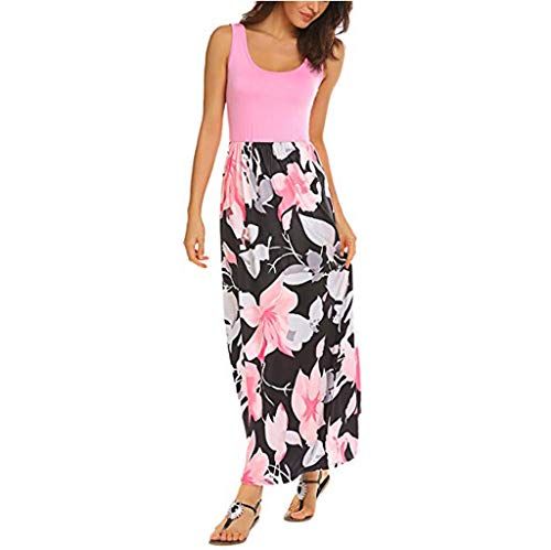 Mysky Fashion Women Summer New Bohemian Floral Print Sleeveless Solid Color Tank Beach Sundress Long Maxi Dress Pink