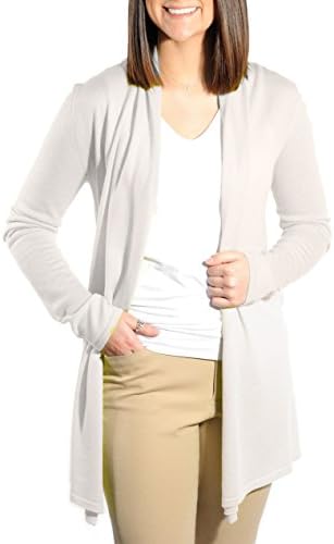 Gigi Reaume 100% Cashmere Women's Sweater, Open Front Long Cardigan, Swing Style, Ultra Lightweight (Small, Ivory)