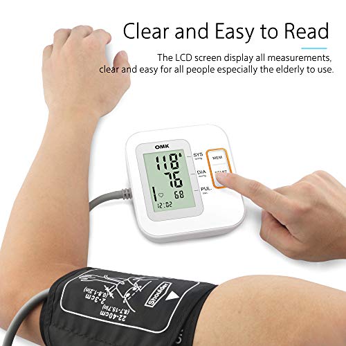 Automatic Blood Pressure Monitor Upper Arm,OMK Blood Pressure Machine with Cuff 8.7-15.7in, 2x120 Memories, Large Display, Irregular Heartbeat Detection, Accurate and Easy to Use, FDA Approved