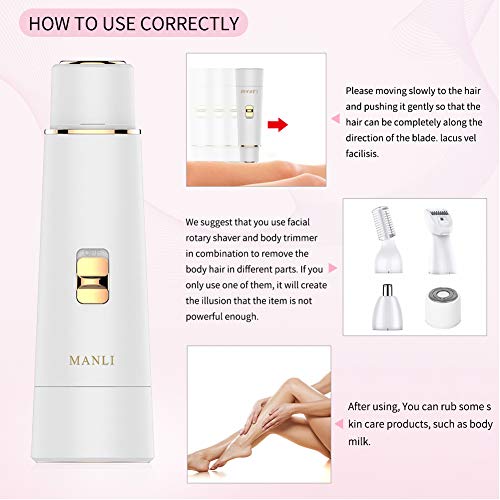 Facial Hair Removal for Women, MANLI 4 in 1 IPX 6 Waterproof Painless Lady Grooming Kit With Facial Hair Remover, Body Shaver, Nose Hair and Eyebrow Trimmer, USB Rechargeable Trimmer【Upgrade Motor】