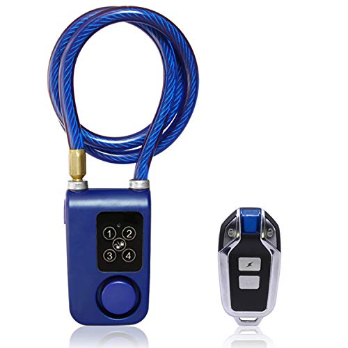 Solebe Wireless Anti-Theft Vibration Alarm Lock 115dB Bicycle Bike Motorcycle Security Lock with Steel Cable Keyless Password or Remote Control for Lock/Unlock IP55 for Indoor & Outdoor Use (Blue)