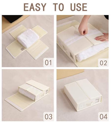 Bed Sheet Storage Box, 4 Pack Linen Organizer Set for Clothes & Duvet, Foldable Closet Bag with Window & Handle, SheetCube Container for Queen & King Size Bedding, السرير شراشف تخزين منظم, (Beige)