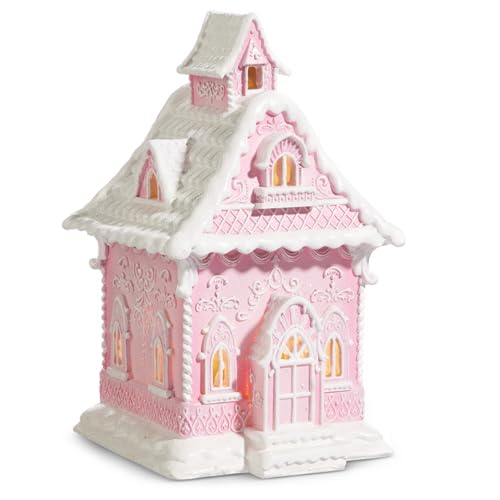 Photo 1 of One Holiday Way 13.25-Inch Lighted Pastel Pink Gingerbread House - Decorative Light Up Faux Victorian Christmas Village House Tabletop Decoration w/Timer Xmas Home Decor