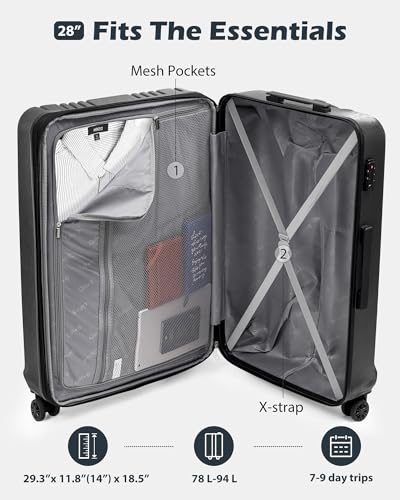 Coolife Luggage Expandable Suitcase PC+ABS TSA Lock Spinner 20in24in28in (Orange, L(28))